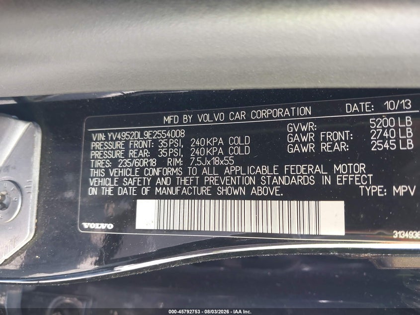 2014 Volvo Xc60 VIN YV4952DL9E2554008 IAAI salvage auction — NORMAL WEAR, Clear (South Carolina), sold $25 on 2026-08-11 (photo 9)