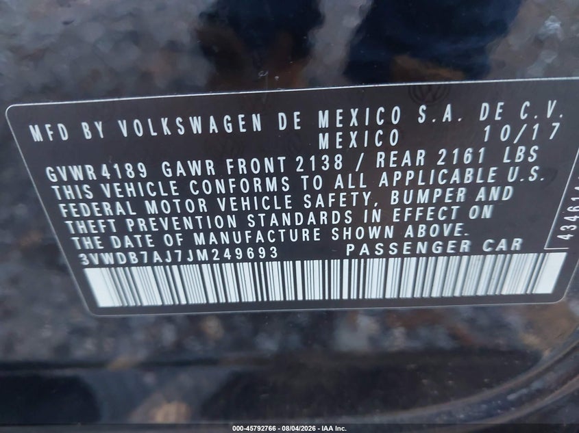 2018 Volkswagen Jetta VIN 3VWDB7AJ7JM249693 IAAI salvage auction — FRONT END, Wait Title, sold $2,150 on 2026-09-07 (photo 9)
