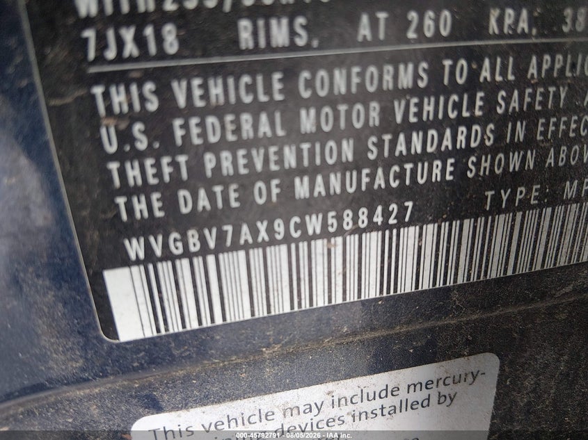 2012 Volkswagen Tiguan VIN WVGBV7AX9CW588427 IAAI salvage auction — FRONT & REAR, Clear (North Carolina), sold $425 on 2026-08-12 (photo 9)