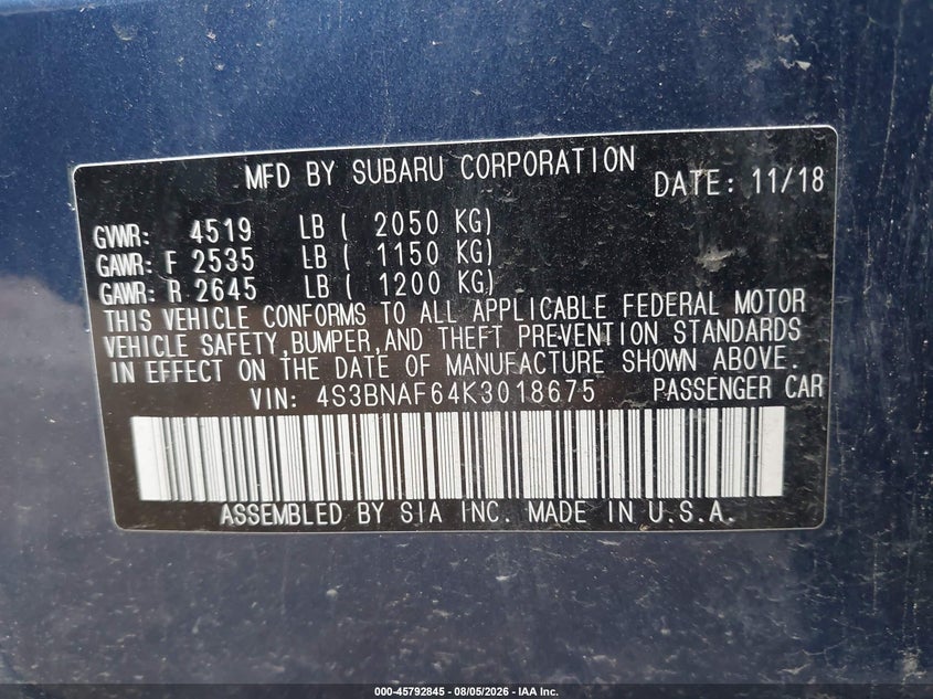 2019 Subaru LEGACY VIN 4S3BNAF64K3018675 IAAI salvage auction — FRONT END, Wait Title, sold $1,850 on 2026-09-26 (photo 9)