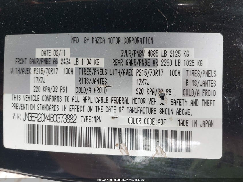 2011 Mazda Cx-7 VIN JM3ER2CM4B0373882 IAAI salvage auction — FRONT END, Salvage (Ohio), sold $1,200 on 2026-09-11 (photo 9)