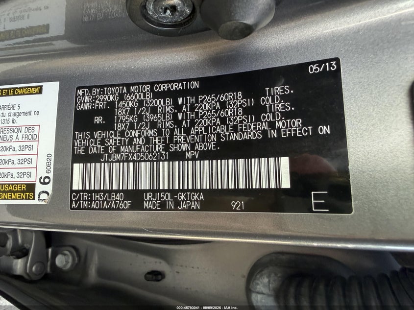 2013 Lexus Gx VIN JTJBM7FX4D5062131 IAAI salvage auction — FRONT END, Clear (Massachusetts), sold $11,150 on 2026-08-26 (photo 9)