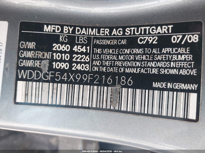 2009 Mercedes-benz C class VIN WDDGF54X99F216186 IAAI salvage auction — NORMAL WEAR, Clear (Florida), sold $525 on 2026-08-11 (photo 9)