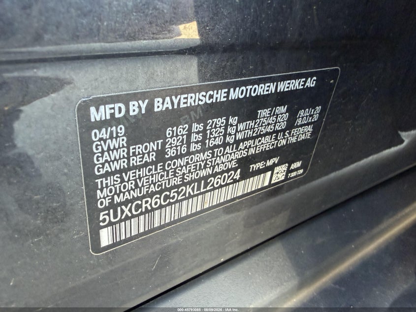 2019 BMW X5 VIN 5UXCR6C52KLL26024 IAAI salvage auction — NORMAL WEAR, Clear (Massachusetts), sold $16,150 on 2026-09-16 (photo 8)