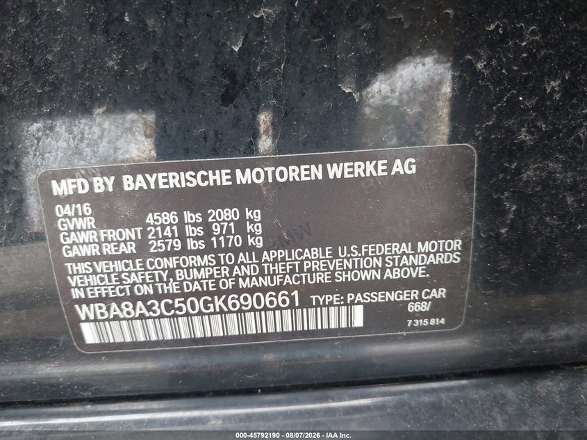 2016 BMW VIN WBA8A3C50GK690661 IAAI salvage auction — FRONT END, Salvage (Ohio), sold $1,550 on 2026-08-25 (photo 9)