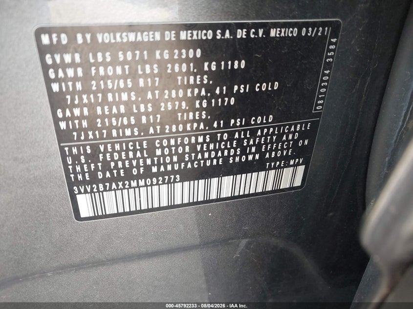 2021 Volkswagen Tiguan VIN 3VV2B7AX2MM092773 IAAI salvage auction — FRONT END, Salvage Title, sold $2,850 on 2026-09-23 (photo 9)