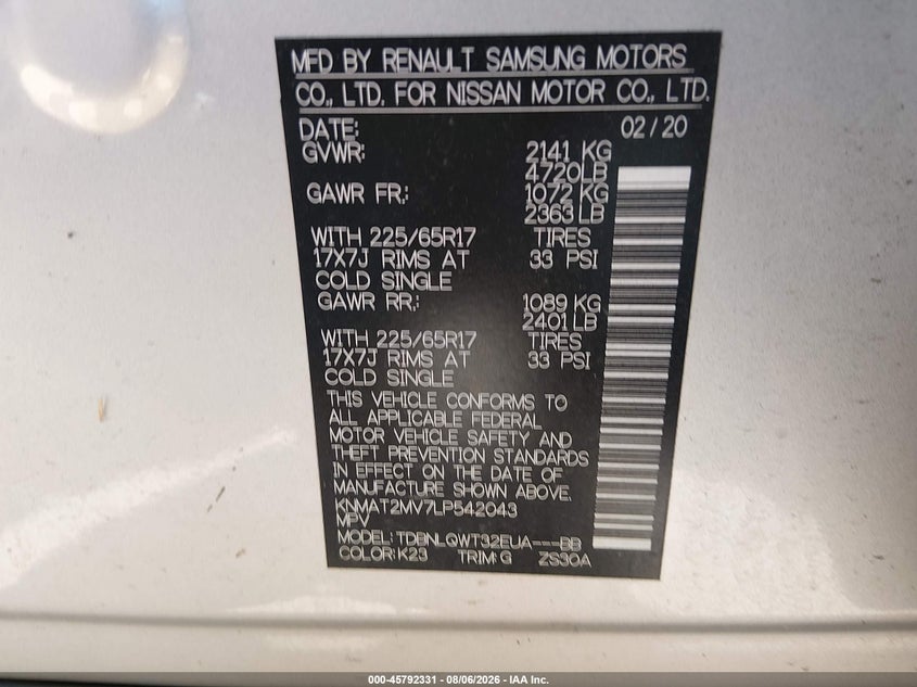 2020 Nissan Rogue VIN KNMAT2MV7LP542043 IAAI salvage auction — UNKNOWN, Salvage Title, sold $7,100 on 2026-08-23 (photo 9)