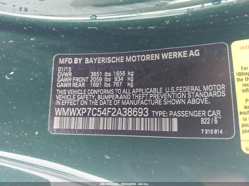 2015 Mini Hard top VIN WMWXP7C54F2A38693 IAAI salvage auction — WATER/FLOOD, Salvage Title, sold $2,000 on 2026-09-03 (photo 9)