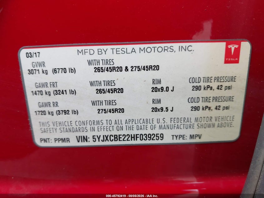 2017 Tesla Model x VIN 5YJXCBE22HF039259 IAAI salvage auction — WATER/FLOOD, Salvage Title, sold $7,600 on 2026-09-27 (photo 9)