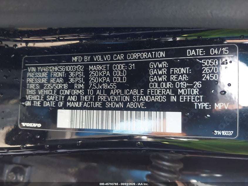 2016 Volvo V60 cross country VIN YV4612HK5G1003132 IAAI salvage auction — NORMAL WEAR, Clear (Pennsylvania), sold $975 on 2026-08-07 (photo 9)