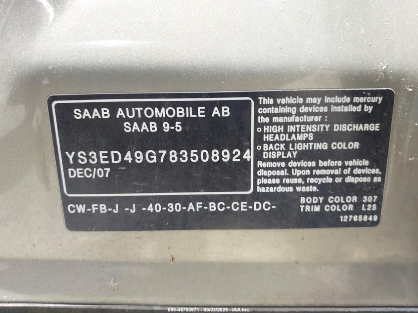2008 Saab 9-5 VIN YS3ED49G783508924 IAAI salvage auction — NORMAL WEAR, Clear (Pennsylvania), sold $275 on 2026-08-05 (photo 9)