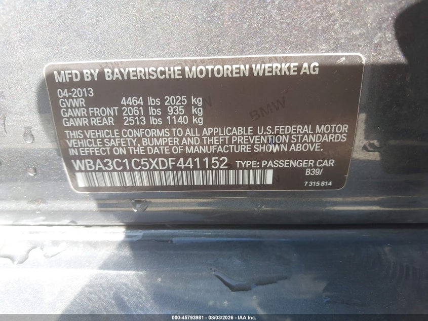 2013 BMW 3 series VIN WBA3C1C5XDF441152 IAAI salvage auction — NORMAL WEAR, Clear - Dealer Only (California), sold $2,025 on 2026-08-10 (photo 9)