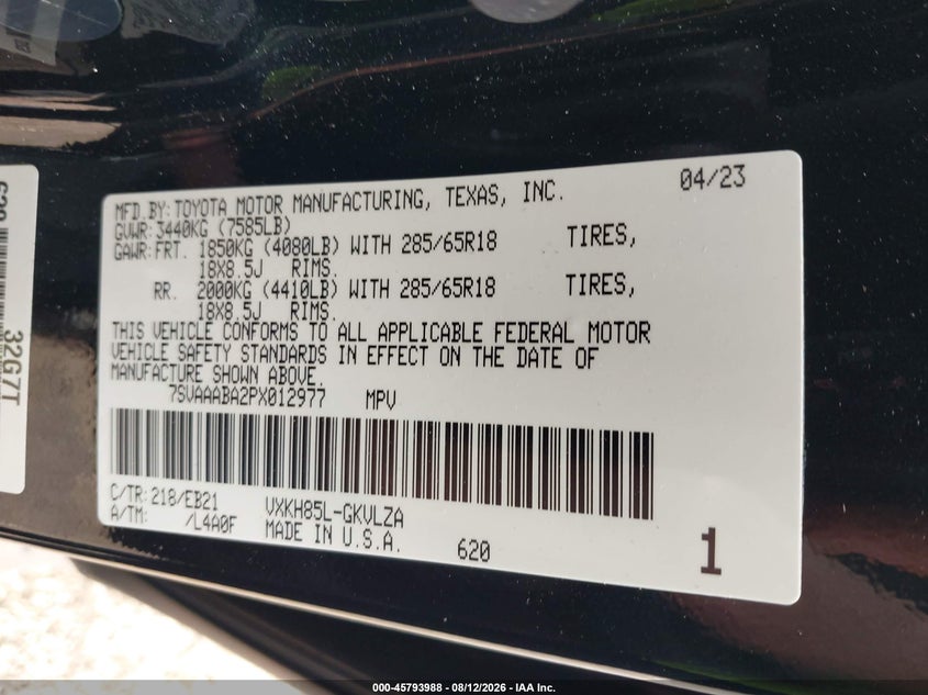 2023 Toyota Sequoia VIN 7SVAAABA2PX012977 IAAI salvage auction — LEFT SIDE, Salvage Title, sold $37,100 on 2026-10-05 (photo 9)