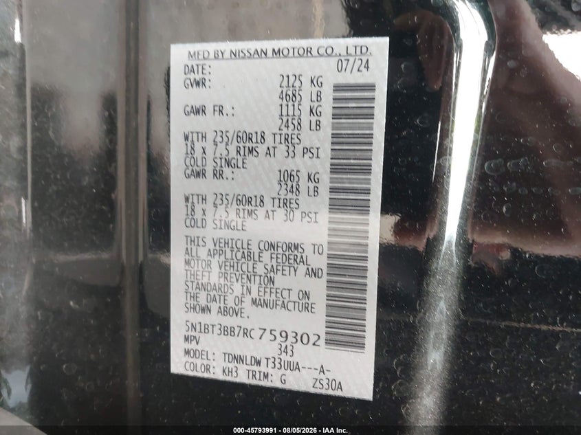2024 Nissan Rogue VIN 5N1BT3BB7RC759302 IAAI salvage auction — REAR END, Salvage Title, sold $7,000 on 2026-09-27 (photo 9)
