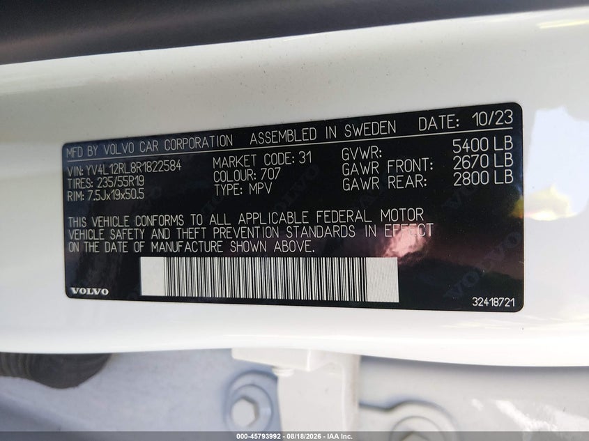 2024 Volvo Xc60 VIN YV4L12RL8R1822584 IAAI salvage auction — ALL OVER, Clear (Idaho), sold $15,750 on 2026-09-04 (photo 9)