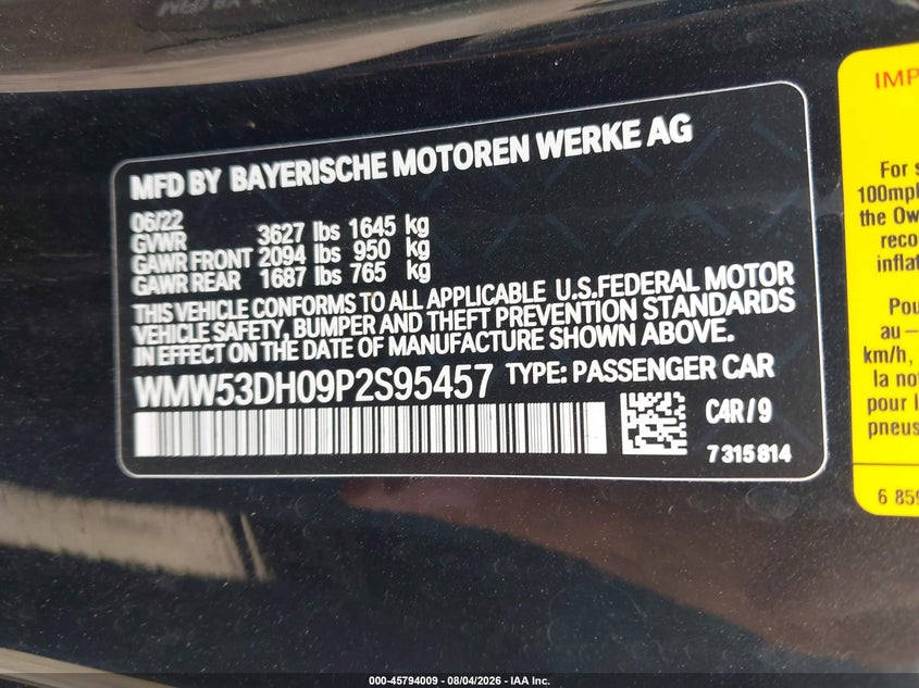 2023 Mini Hard top VIN WMW53DH09P2S95457 IAAI salvage auction — REAR END, Wait Title, sold $25 on 2026-08-23 (photo 9)