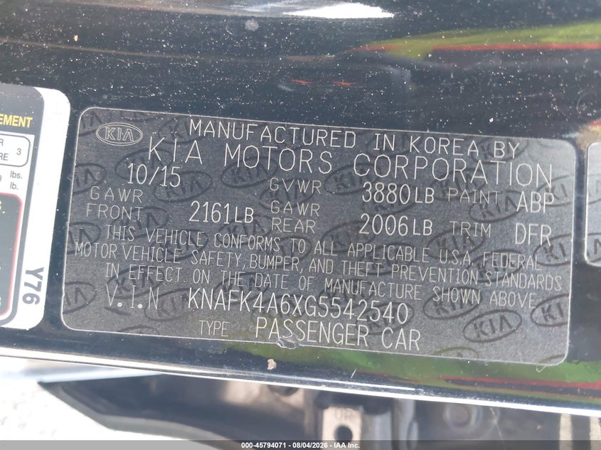 2016 Kia Forte VIN KNAFK4A6XG5542540 IAAI salvage auction — LEFT REAR, Clear (Florida), sold $2,600 on 2026-08-23 (photo 9)