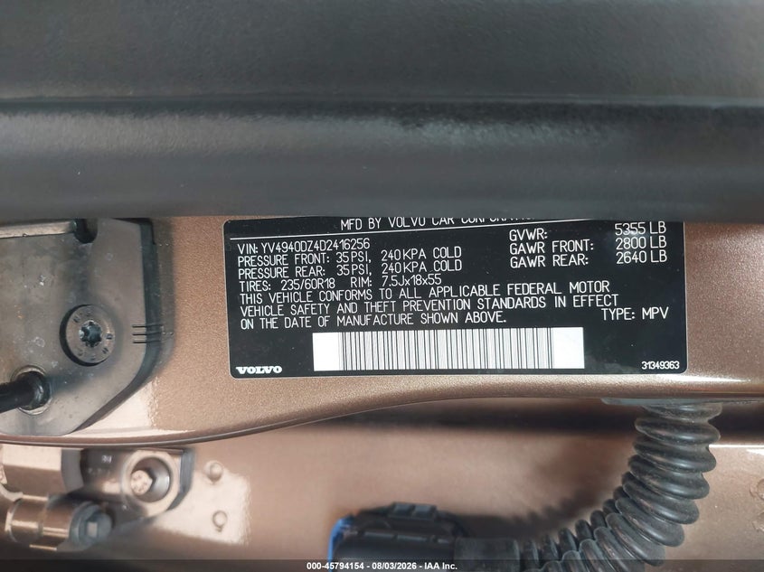 2013 Volvo Xc60 VIN YV4940DZ4D2416256 IAAI salvage auction — FRONT END, Wait Title, sold $25 on 2026-08-21 (photo 9)