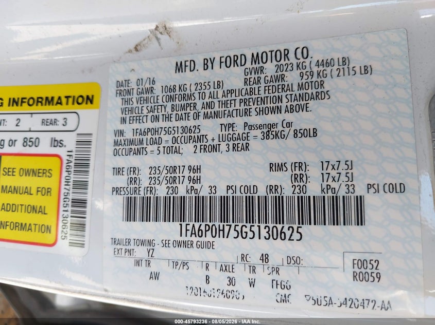 2016 Ford Fusion VIN 1FA6P0H75G5130625 IAAI salvage auction — FRONT END, Prior Salvage (Minnesota), sold $575 on 2026-09-29 (photo 9)