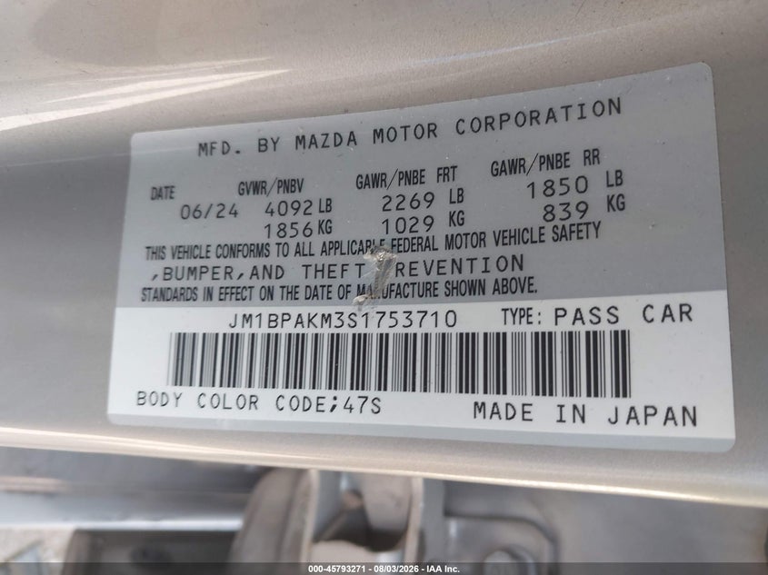 2025 Mazda 3 VIN JM1BPAKM3S1753710 IAAI salvage auction — FRONT END, Salvage Title, sold $13,500 on 2026-08-06 (photo 9)