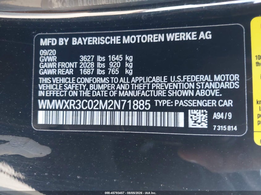 2021 Mini Hard top VIN WMWXR3C02M2N71885 IAAI salvage auction — FRONT END, Salvage Title, sold $3,300 on 2026-10-07 (photo 9)