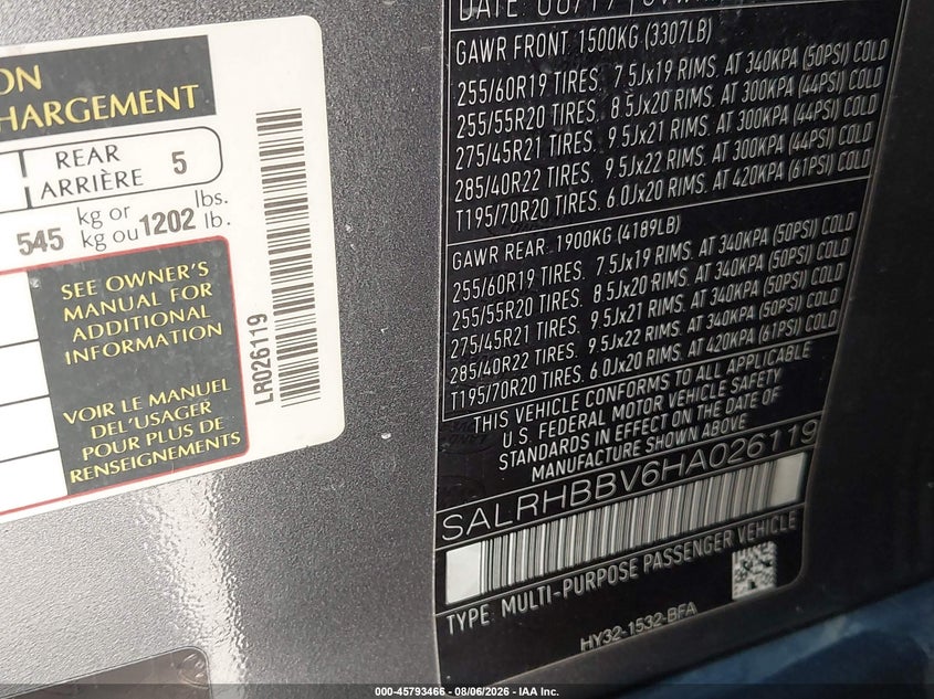2017 Land rover Discovery VIN SALRHBBV6HA026119 IAAI salvage auction — FRONT END, Salvage Title, sold $3,900 on 2026-09-27 (photo 9)