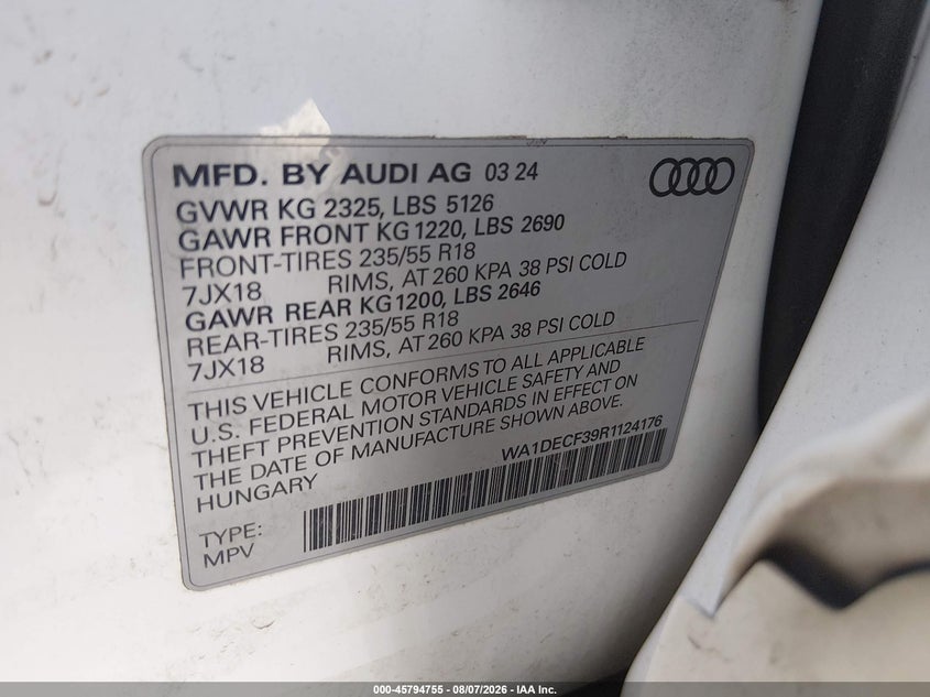 2024 Audi Q3 VIN WA1DECF39R1124176 IAAI salvage auction — UNKNOWN, Salvage Title, sold $16,500 on 2026-08-18 (photo 9)