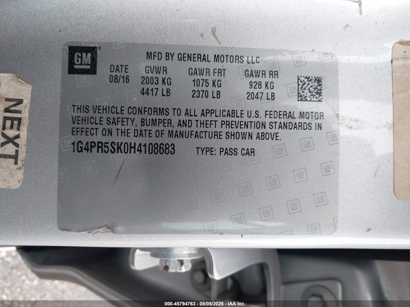 2017 Buick Verano VIN 1G4PR5SK0H4108683 IAAI salvage auction — RIGHT REAR, Rebuildable (Florida), sold $500 on 2026-09-08 (photo 9)