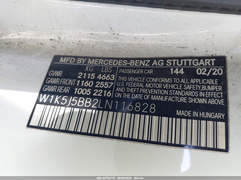 2020 Mercedes-benz VIN W1K5J5BB2LN116828 IAAI salvage auction — WATER/FLOOD, Salvage Title, sold $6,600 on 2026-09-26 (photo 9)