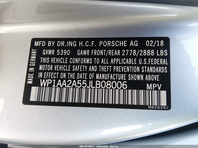 2018 Porsche Macan VIN WP1AA2A55JLB08006 IAAI salvage auction — REAR END, Salvage Title, sold $14,650 on 2026-09-09 (photo 9)