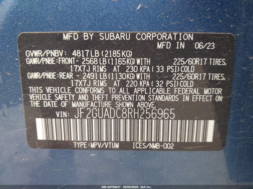 2024 Subaru Crosstrek VIN JF2GUADC8RH256965 IAAI salvage auction — NORMAL WEAR, Clear (Pennsylvania), sold $10,300 on 2026-08-12 (photo 9)