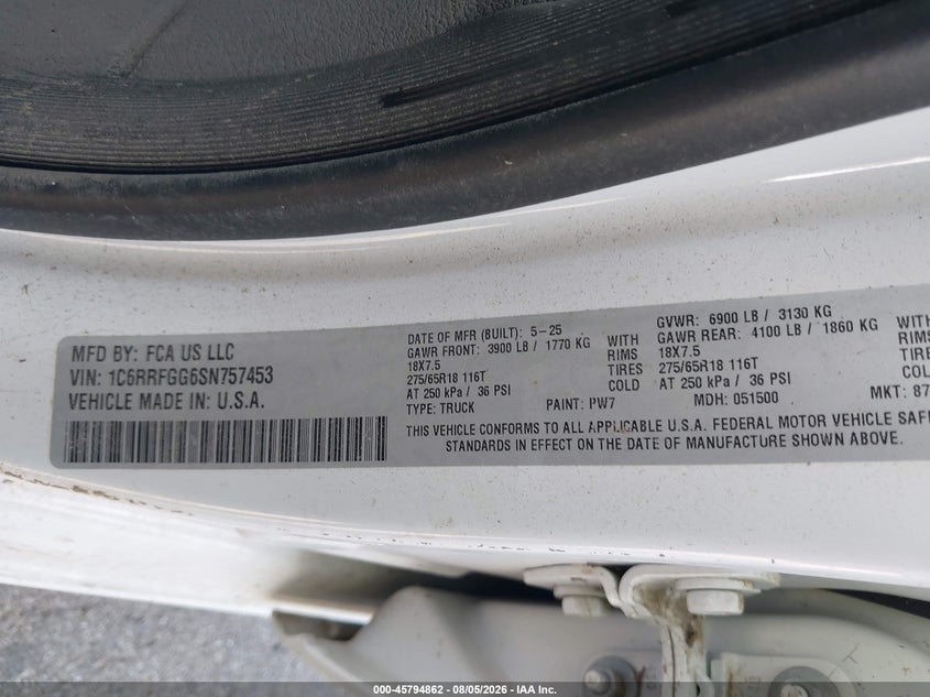 2025 Ram 1500 VIN 1C6RRFGG6SN757453 IAAI salvage auction — LEFT FRONT, Sf97 (Texas), sold $10,400 on 2026-09-01 (photo 9)