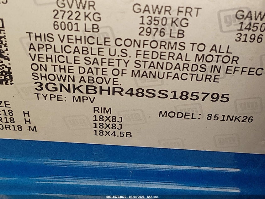 2025 Chevrolet Blazer VIN 3GNKBHR48SS185795 IAAI salvage auction — FRESH WATER, Salvage Title, sold $11,575 on 2026-08-18 (photo 9)