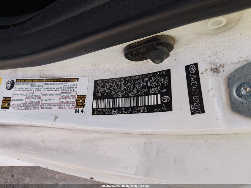 2005 Scion Tc VIN JTKDE167250052310 IAAI salvage auction — ROOF, Salvage (Texas), sold $425 on 2026-09-22 (photo 9)