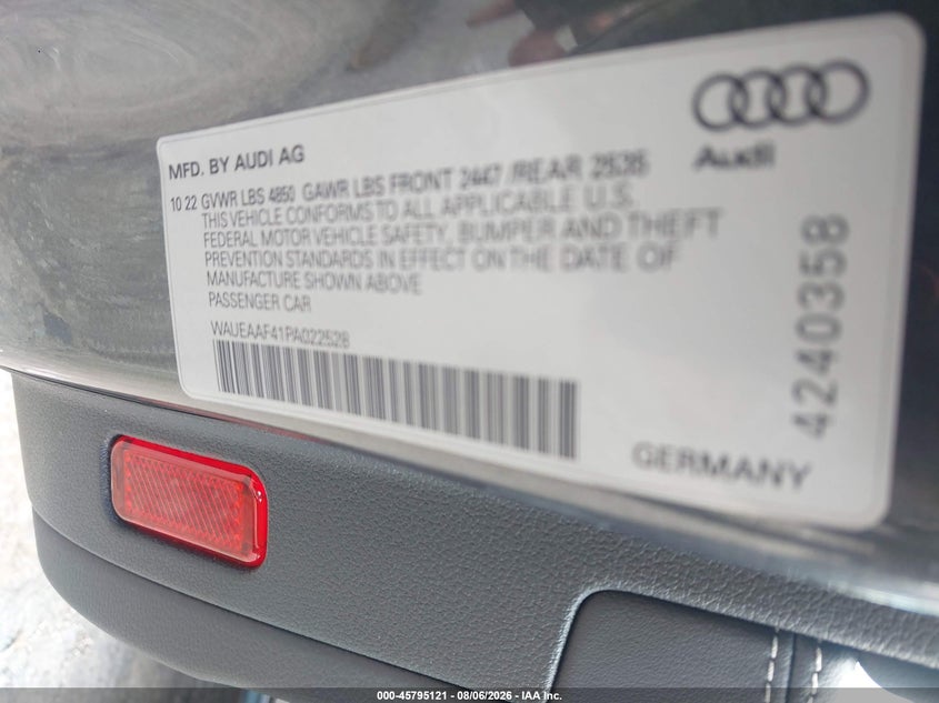 2023 Audi A4 VIN WAUEAAF41PA022528 IAAI salvage auction — FRONT END, Salvage Title, sold $15,125 on 2026-09-08 (photo 9)