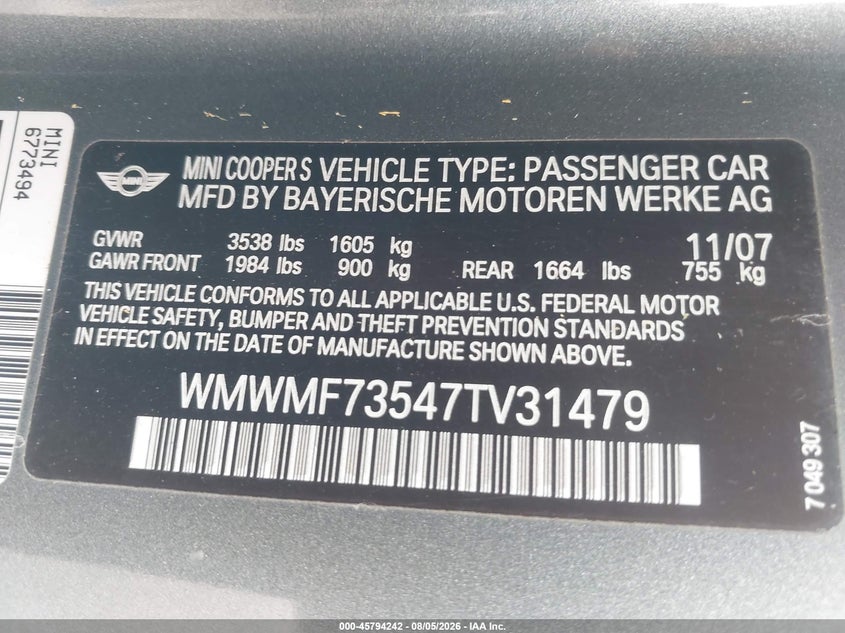 2007 Mini Cooper VIN WMWMF73547TV31479 IAAI salvage auction — NORMAL WEAR, Clear (Florida), sold $125 on 2026-08-11 (photo 9)