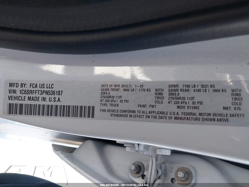 2023 Ram 1500 VIN 1C6SRFFT3PN536187 IAAI salvage auction — RIGHT FRONT, Wait Title, sold $9,500 on 2026-08-31 (photo 9)