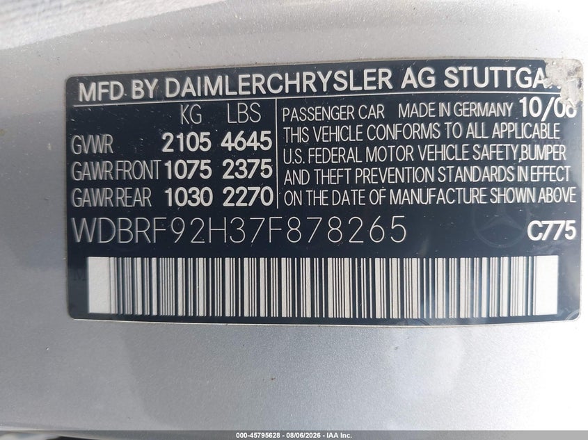 2007 Mercedes-benz C class VIN WDBRF92H37F878265 IAAI salvage auction — NORMAL WEAR, Clear (Pennsylvania), sold $475 on 2026-08-12 (photo 9)
