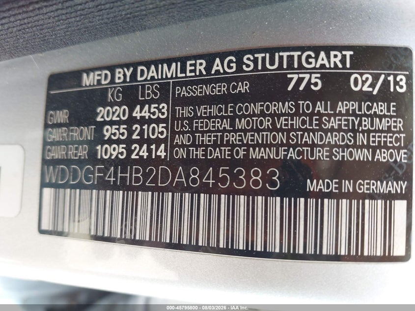 2013 Mercedes-benz C-klasse VIN WDDGF4HB2DA845383 IAAI salvage auction — REAR END, Salvage Title, sold $1,825 on 2026-08-19 (photo 9)