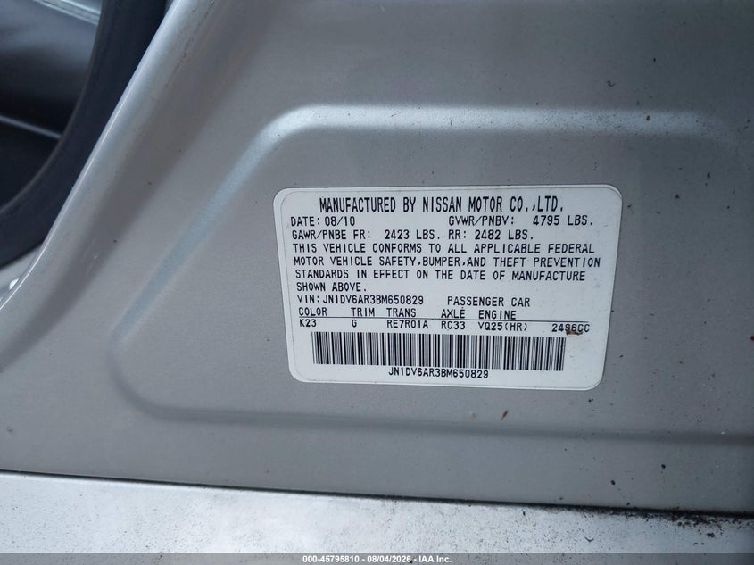 2011 Infiniti G25 VIN JN1DV6AR3BM650829 IAAI salvage auction — NORMAL WEAR, Clear (South Carolina), sold $525 on 2026-09-11 (photo 9)
