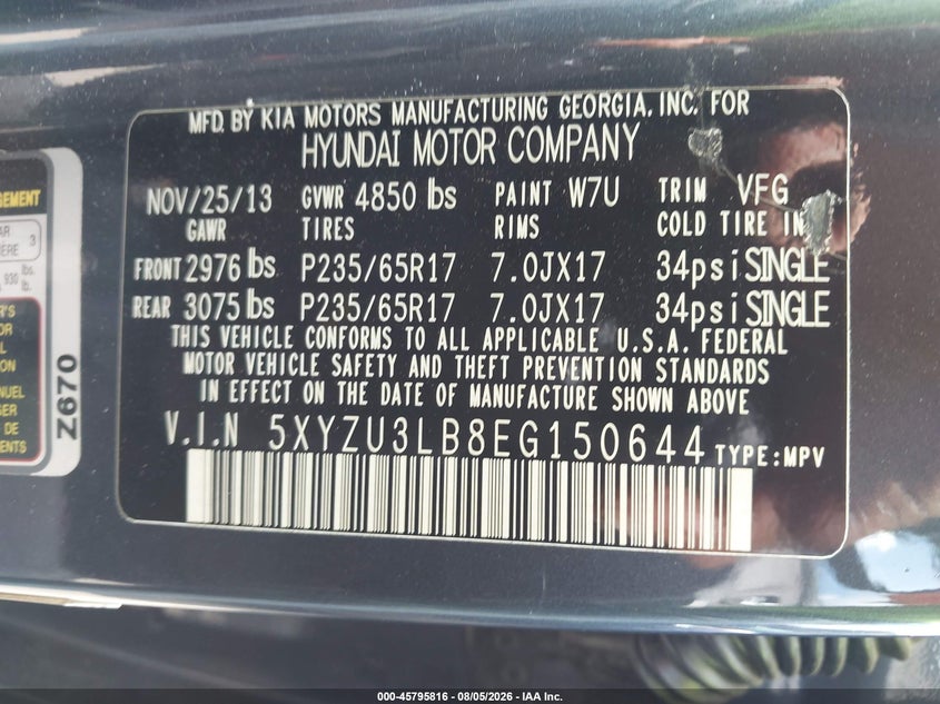 2014 Hyundai Santa fe VIN 5XYZU3LB8EG150644 IAAI salvage auction — FRONT END, Salvage Title, sold $1,400 on 2026-08-27 (photo 9)