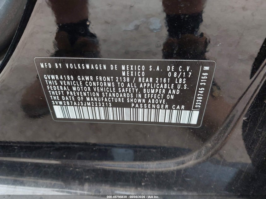 2018 Volkswagen Jetta VIN 3VW2B7AJ3JM223213 IAAI salvage auction — FRONT END, Salvage Title, sold $1,050 on 2026-08-22 (photo 9)