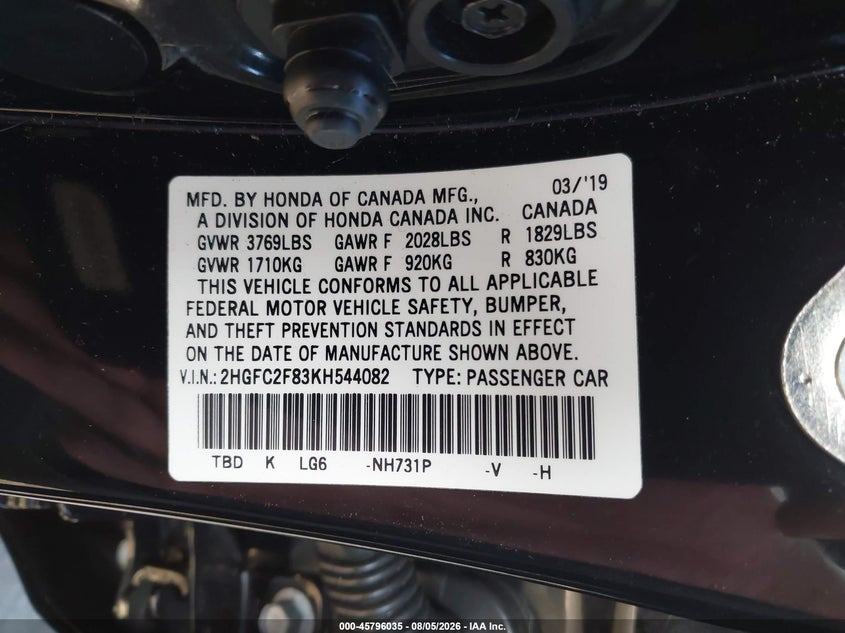 2019 Honda Civic VIN 2HGFC2F83KH544082 IAAI salvage auction — RIGHT FRONT, Wait Title, sold $3,850 on 2026-08-30 (photo 9)