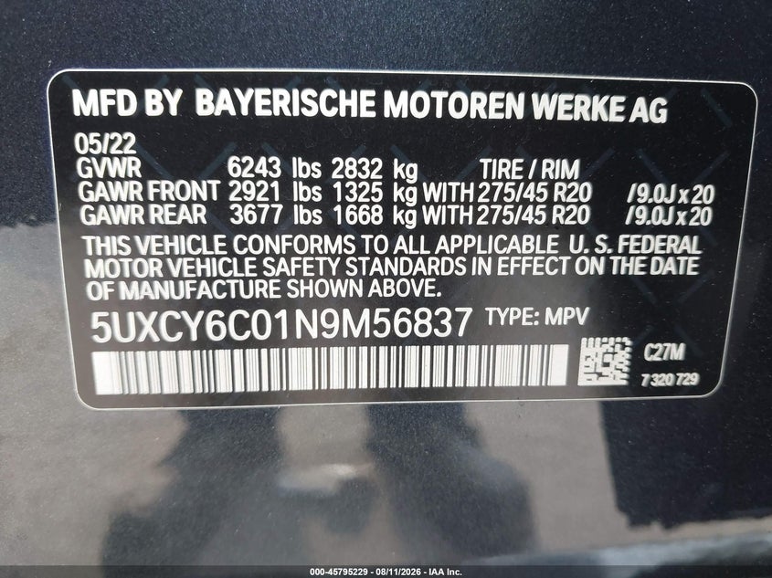 2022 BMW X6 VIN 5UXCY6C01N9M56837 IAAI salvage auction — Front End, Mv-907A (New York), sold $22,900 on 2026-09-04 (photo 9)