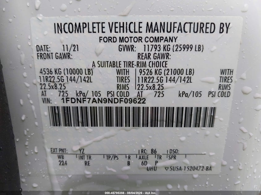 2022 Ford VIN 1FDNF7AN9NDF09622 IAAI salvage auction — STORM DAMAGE, Salvage (North Carolina), sold $24,050 on 2026-09-02 (photo 8)