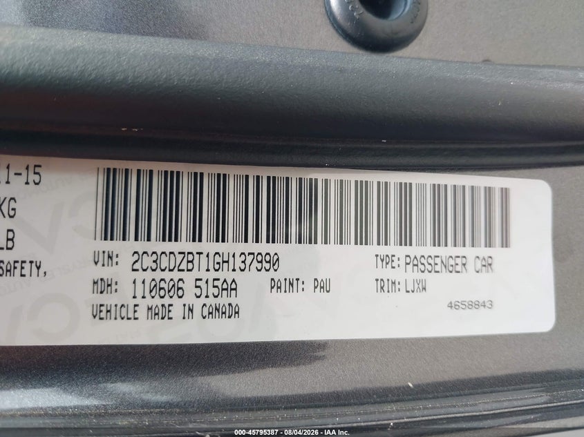 2016 Dodge Challenger VIN 2C3CDZBT1GH137990 IAAI salvage auction — SIDE, Salvage Title, sold $10,300 on 2026-10-10 (photo 9)
