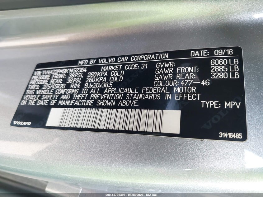 2019 Volvo Xc90 VIN YV4A22PM9K1452364 IAAI salvage auction — FRONT END, Wait Title, sold $8,000 on 2026-08-22 (photo 9)