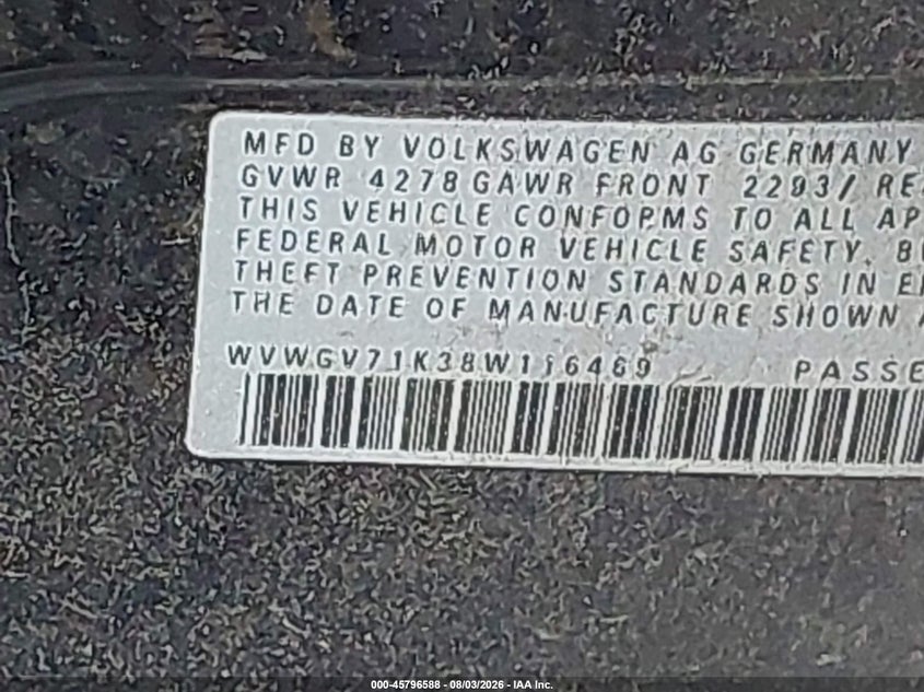 2008 Volkswagen Gti VIN WVWGV71K38W116469 IAAI salvage auction — NORMAL WEAR, Clear (New York), sold $450 on 2026-08-11 (photo 9)