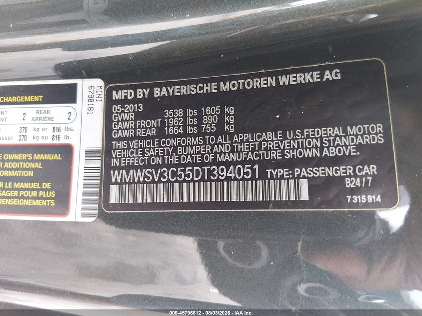 2013 Mini Hard top VIN WMWSV3C55DT394051 IAAI salvage auction — NORMAL WEAR, Salvage Title, sold $125 on 2026-08-18 (photo 9)