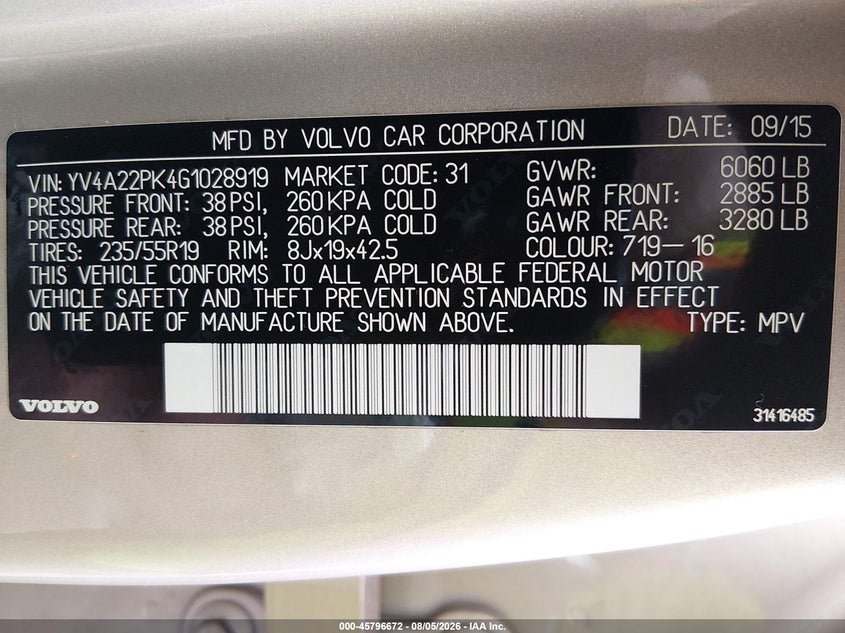 2016 Volvo Xc90 VIN YV4A22PK4G1028919 IAAI salvage auction — ROOF, Wait Title, sold $9,400 on 2026-08-27 (photo 9)